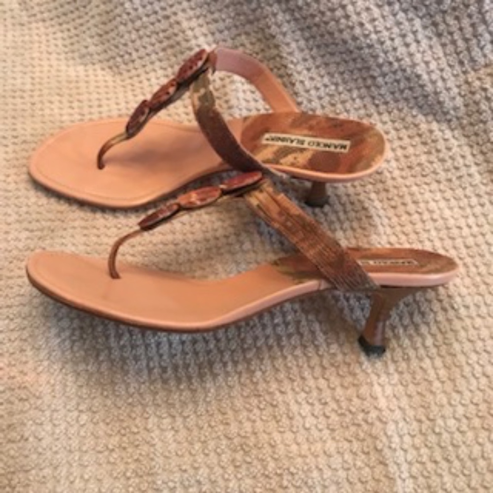 Manolo Blahnik Seashell Kitten Heel Sandals